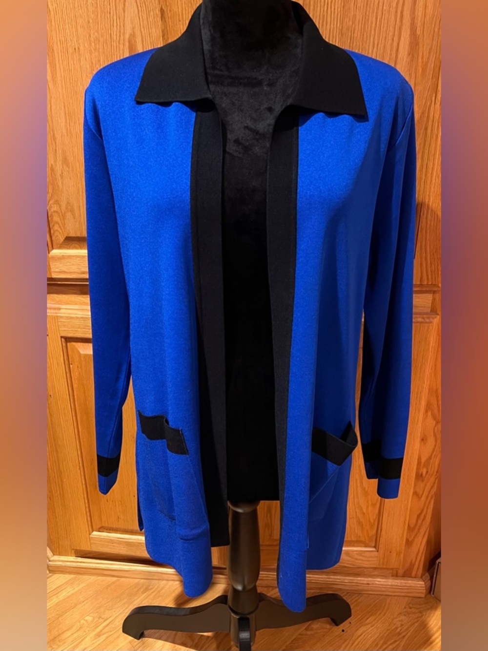 Misook Open Front Knit Cardigan Sweater Jacket in Blue w/ Black Trim Size Medium